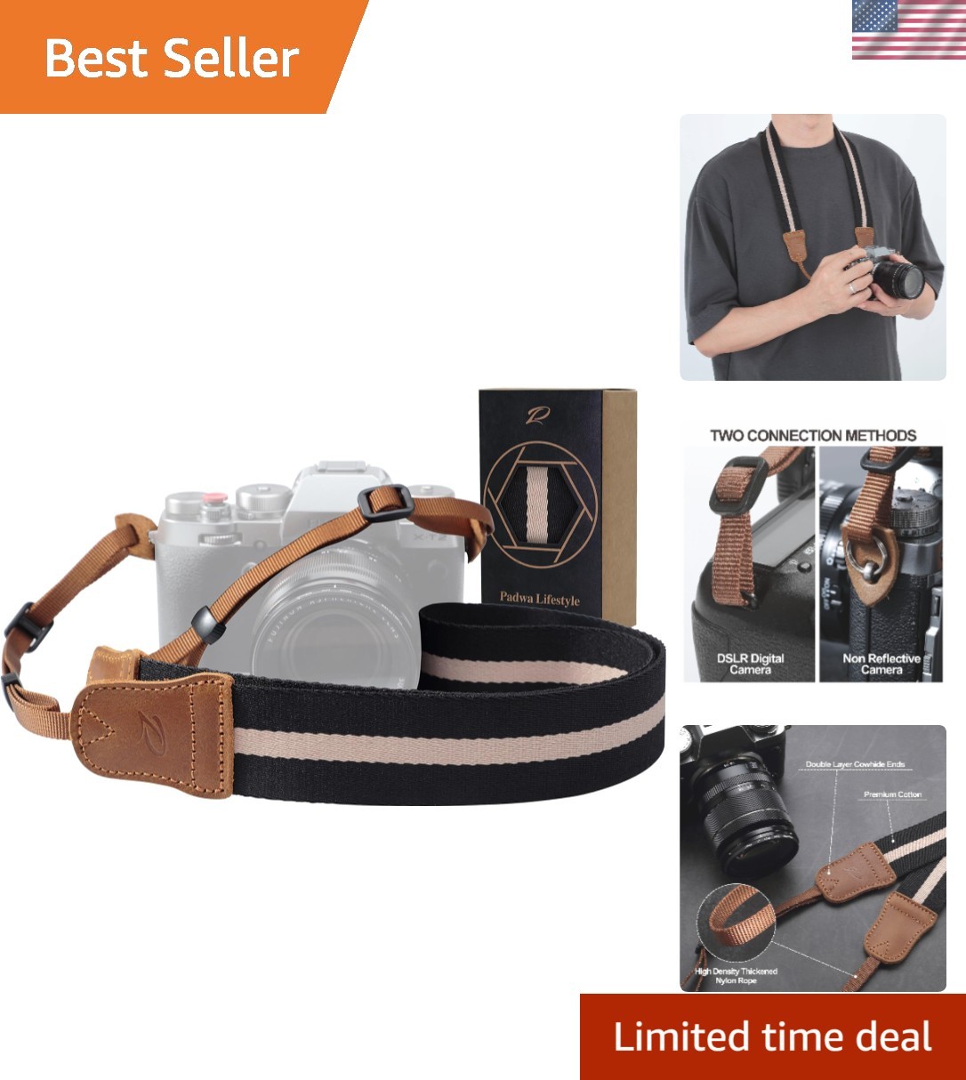 Black Striped Camera Strap - 1.5" Double Crazy Horse Cowhide Head Cotton Came...