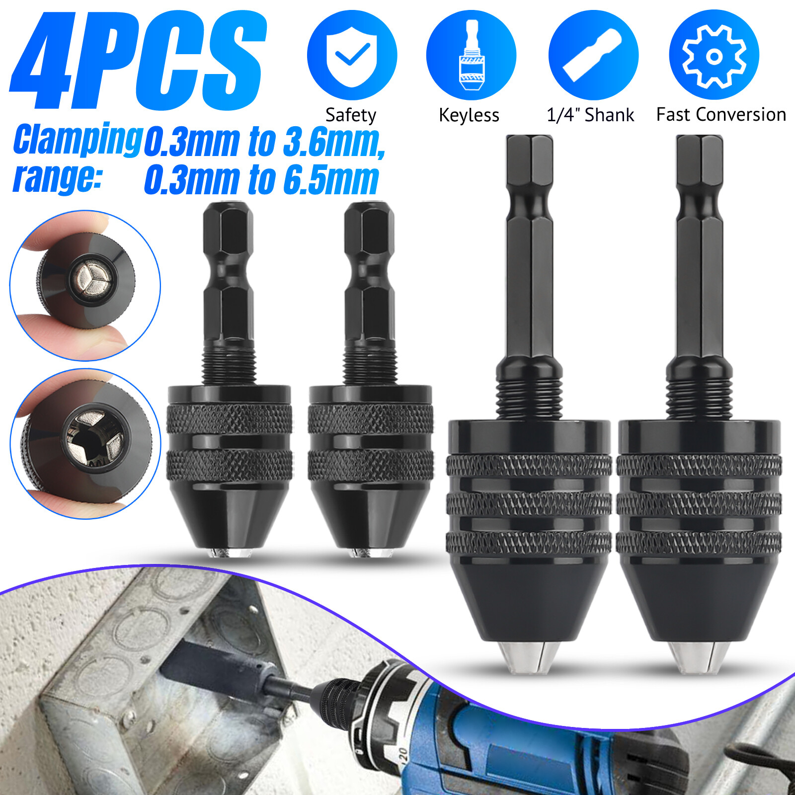 4x 1/4" Hex Shank Keyless Drill Chuck Conversion Adapter Bit Quick Change Driver