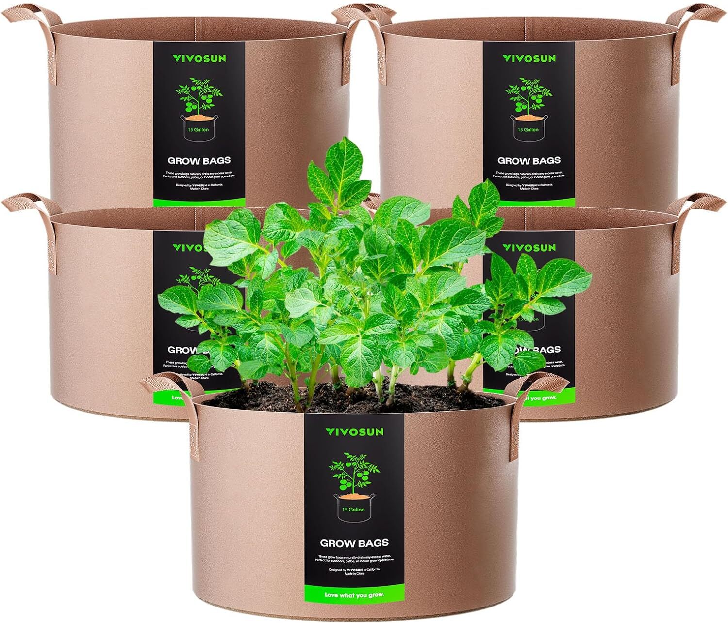 VIVOSUN 5-Pack 15 Gallons Grow Bags Thickened Nonwoven Fabric Pots with Handles