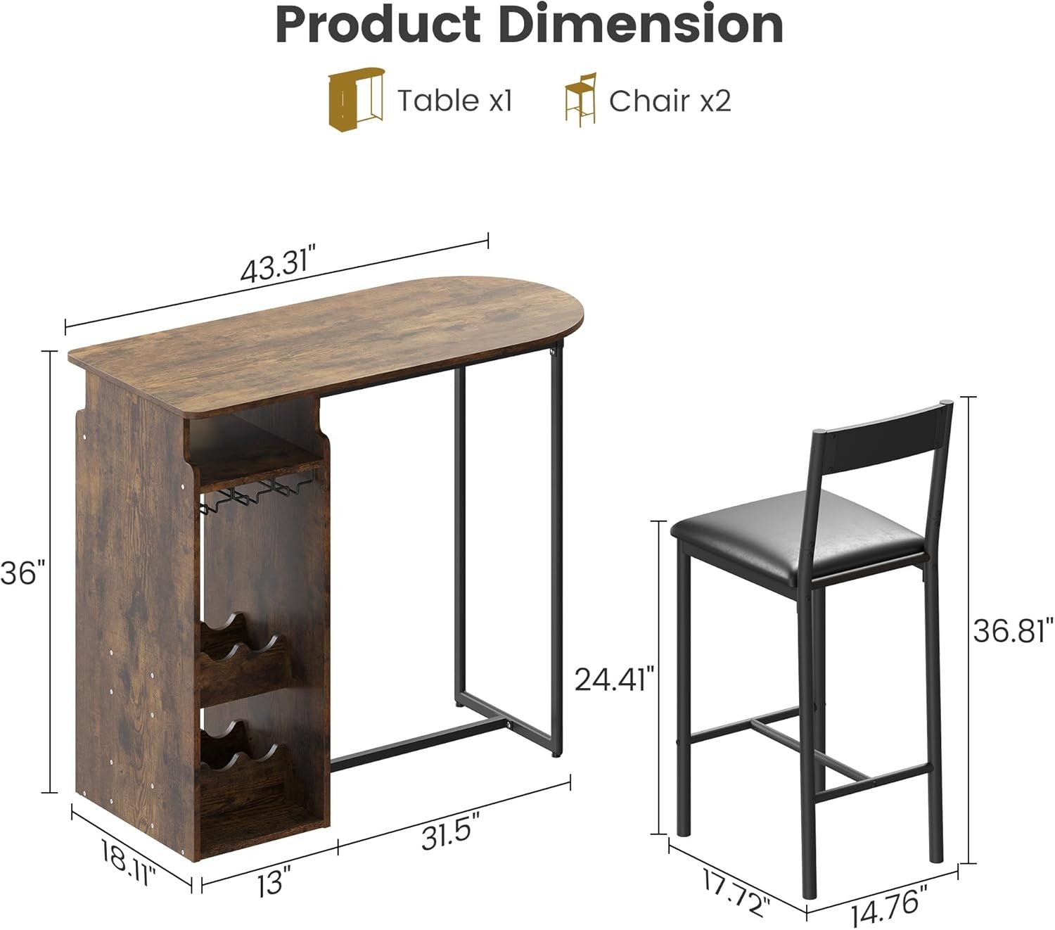 Vintage Pub Table Set for 2 with Triple-Tier Wine Rack for Bar & Dining Areas