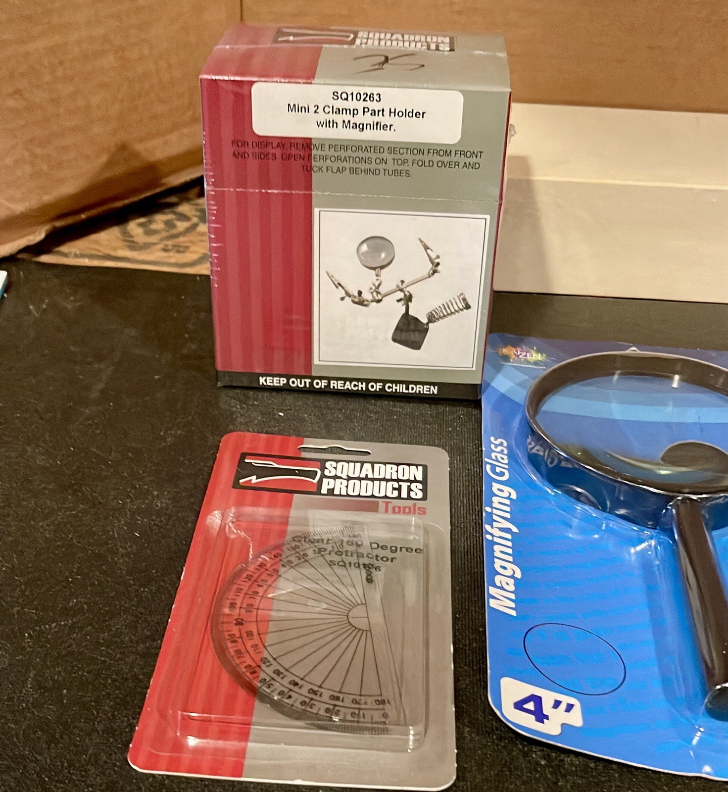 4 Tools For Model Building, Mini Clamp, 2 Magnifiers, 1 Protractor NIB SE28