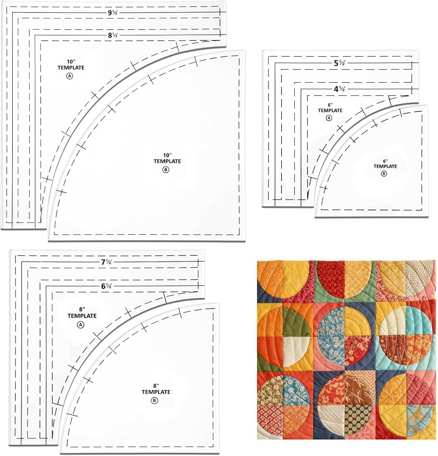 3 Set Drunkards Path Quilting Templates, 10" 8" 6" Large Acrylic Quilting