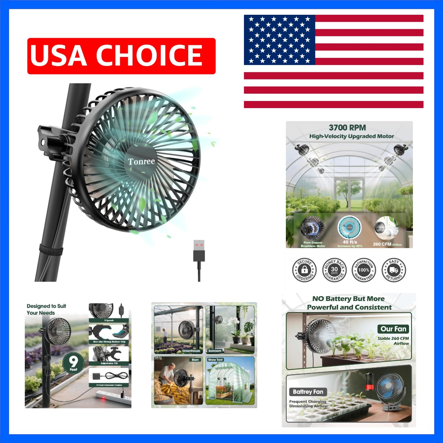 Grow Tent Fan, 5.5" Greenhouse Clip Fan with Brushless Motor and Non-Slip Cla...