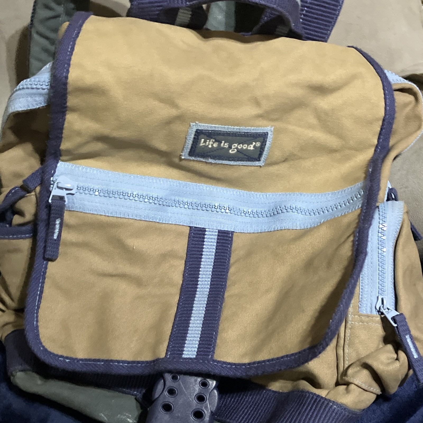 Life is good Hiking Backpack 40L Canvas/Fabric Zip 8 Pockets Padded Brown/Blue