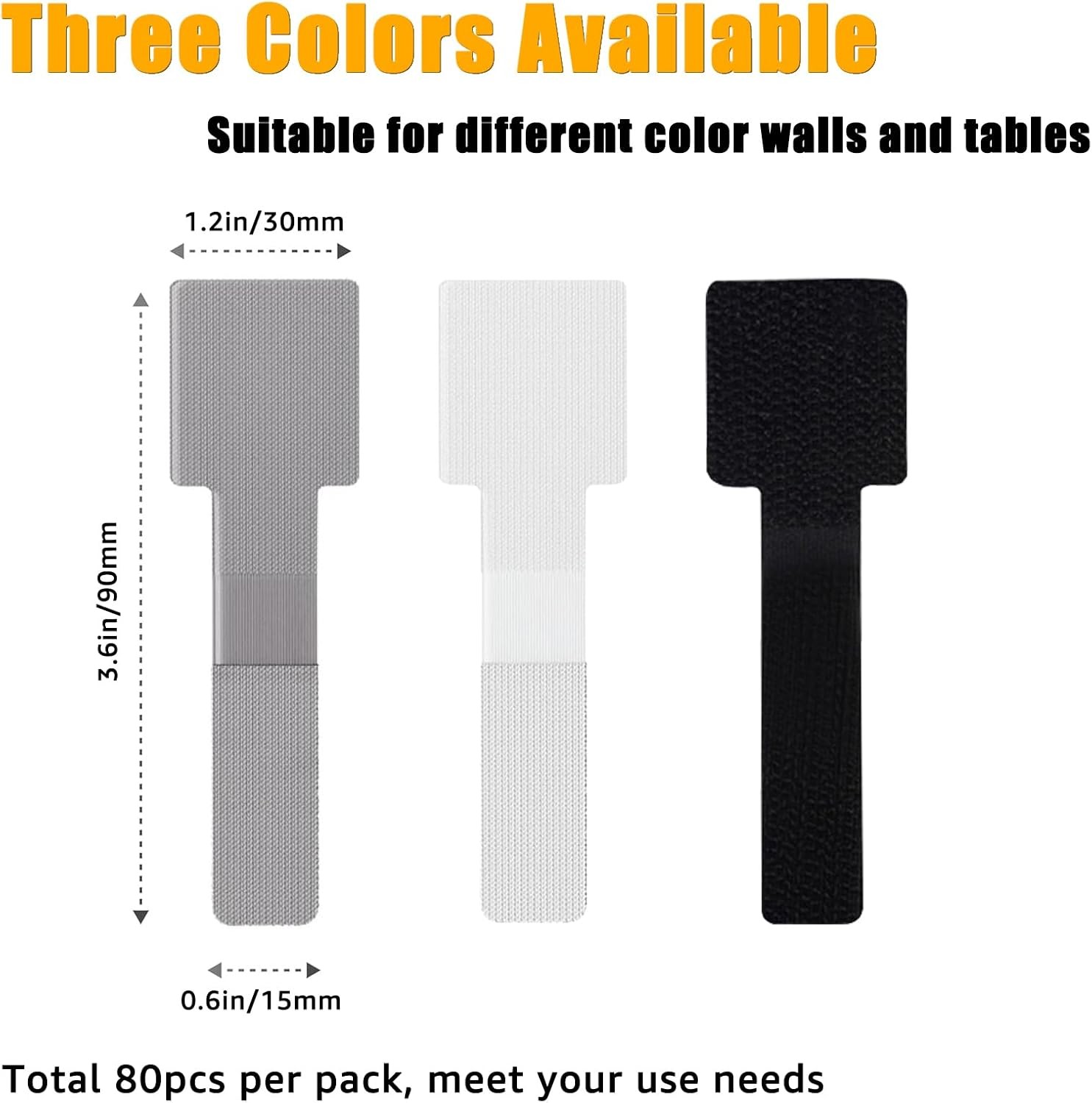 80PCS Hook Loop Cable Straps, Self Adhesive, Black