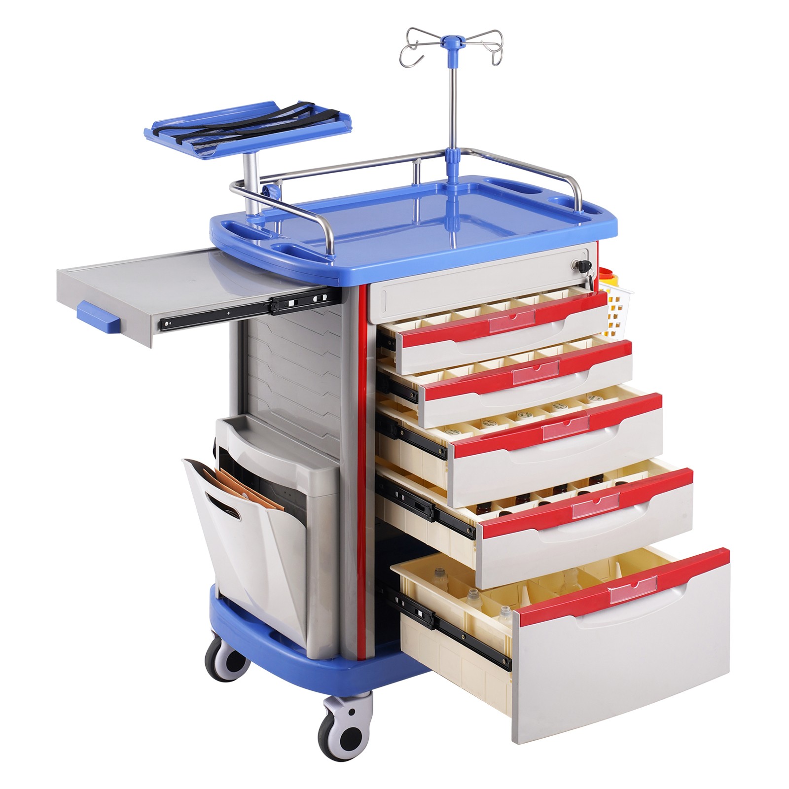 5 Tiers Lab Carts Mobile Medical Rolling Cart with 5 Drawers & 2 Trash Cans Blue