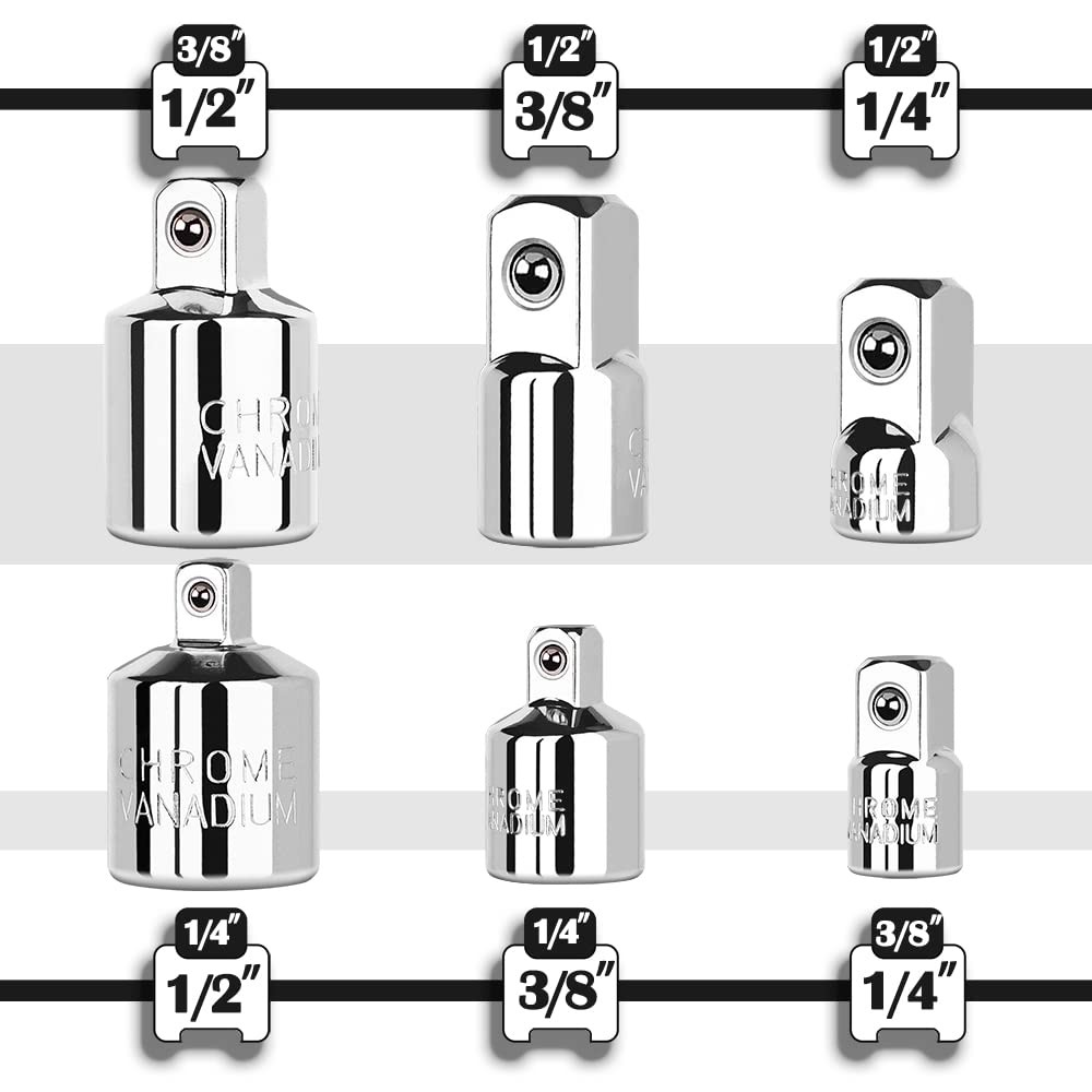StrugDeas 6 Piece Socket Adapter and Reducer Set, Silver - 1/4", 3/8", 1/2"