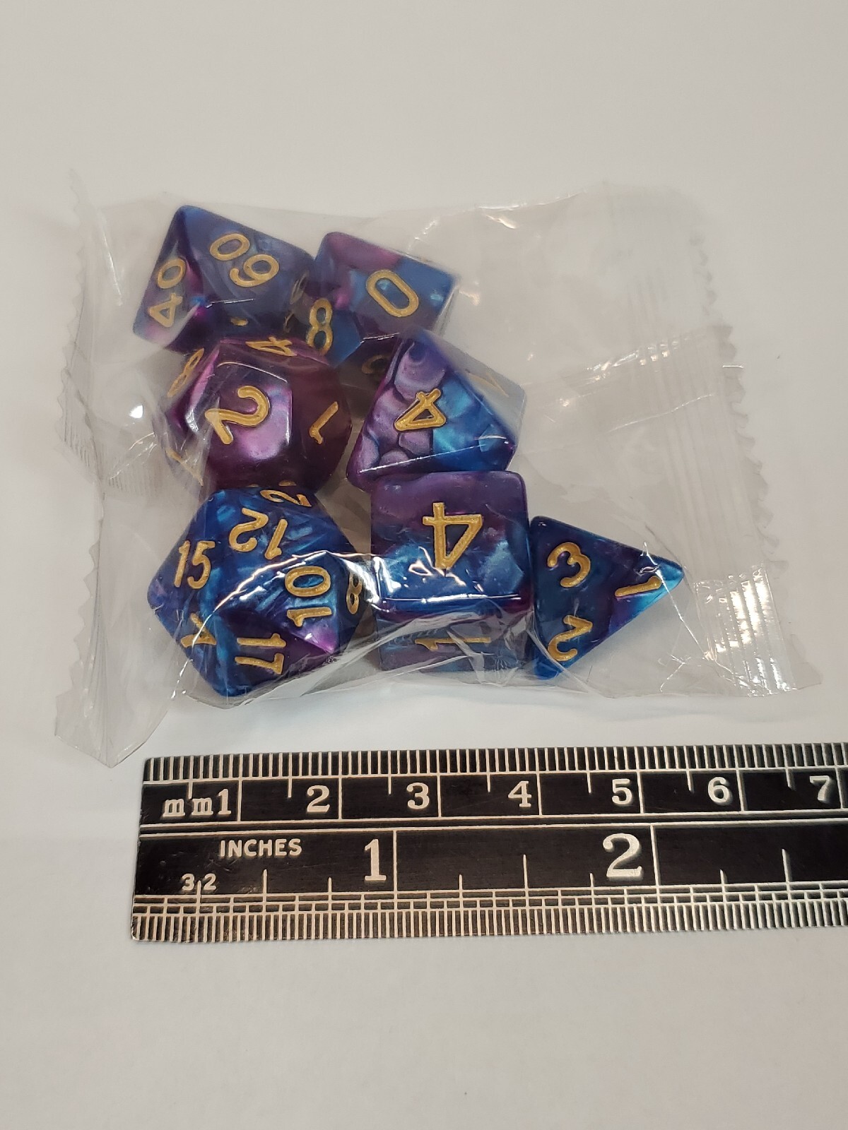Shimmering PURPLE BLUE SWIRL 7pc Polyhedral Dice Set D20 DnD RPG Board Gam Gold#