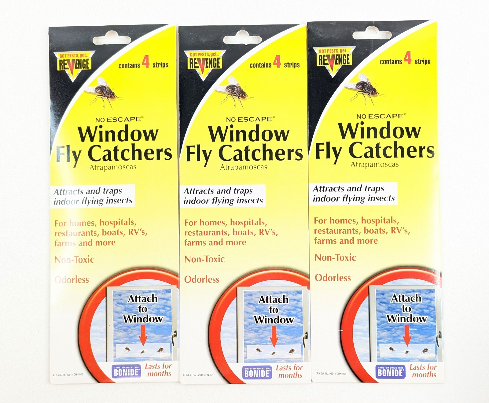 Lot of 3 - Revenge Window Fly Catcher Strips 46200, No Escape, 4 Count ea