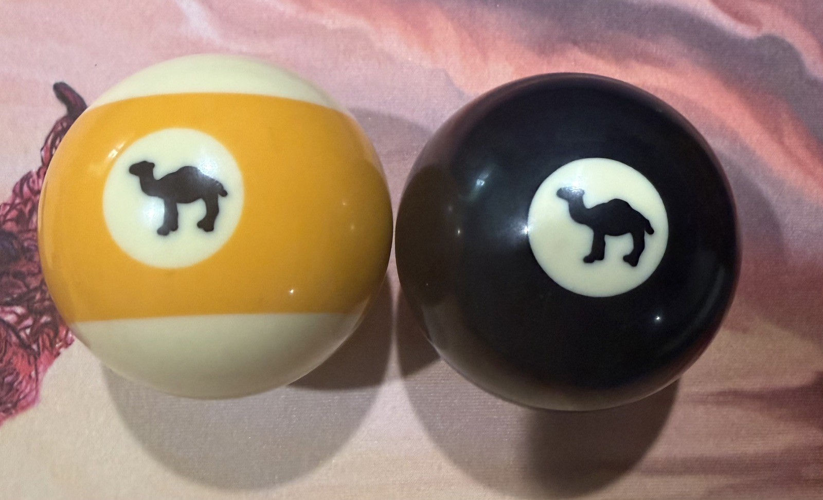 2 VTG Camel Logo Pool Balls 9 & 8 Ball 1990’s Black Yellow Used Camel Joe Cool