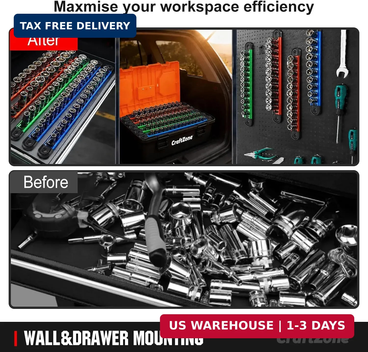 Magnetic Socket Organizer Set | 1/4" 3/8" 1/2" Socket Rail with 120 Clips | 9PCS