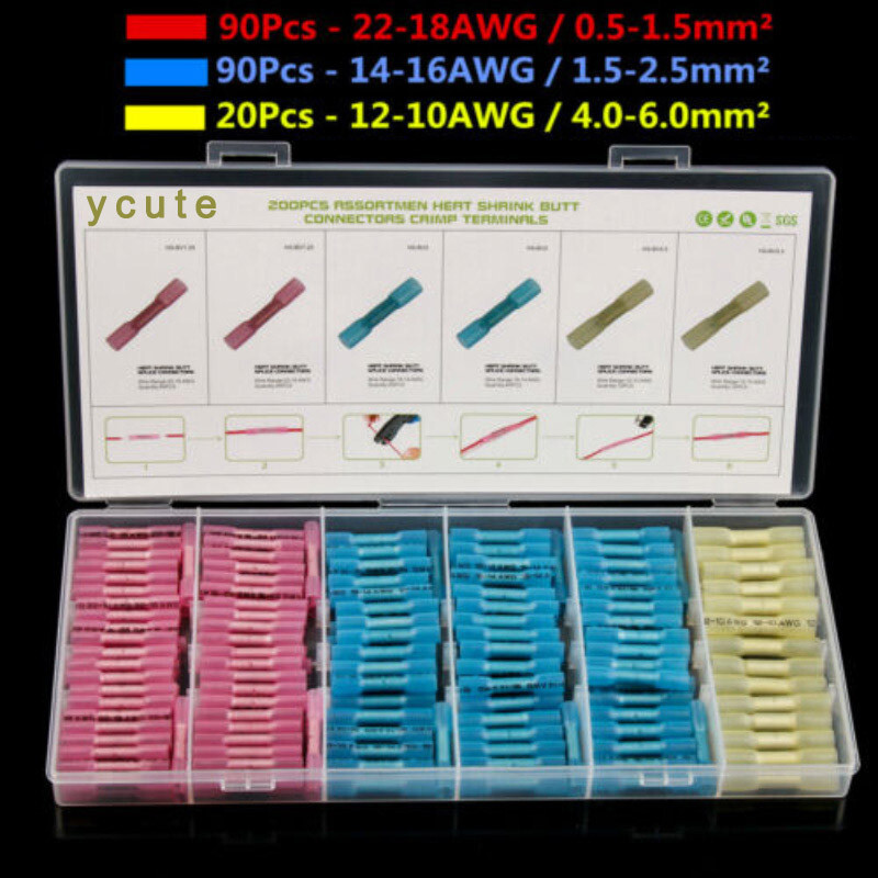 200Pcs Heat Shrink  Butt Wire Connectors Crimp Electrical Terminals Marine Auto