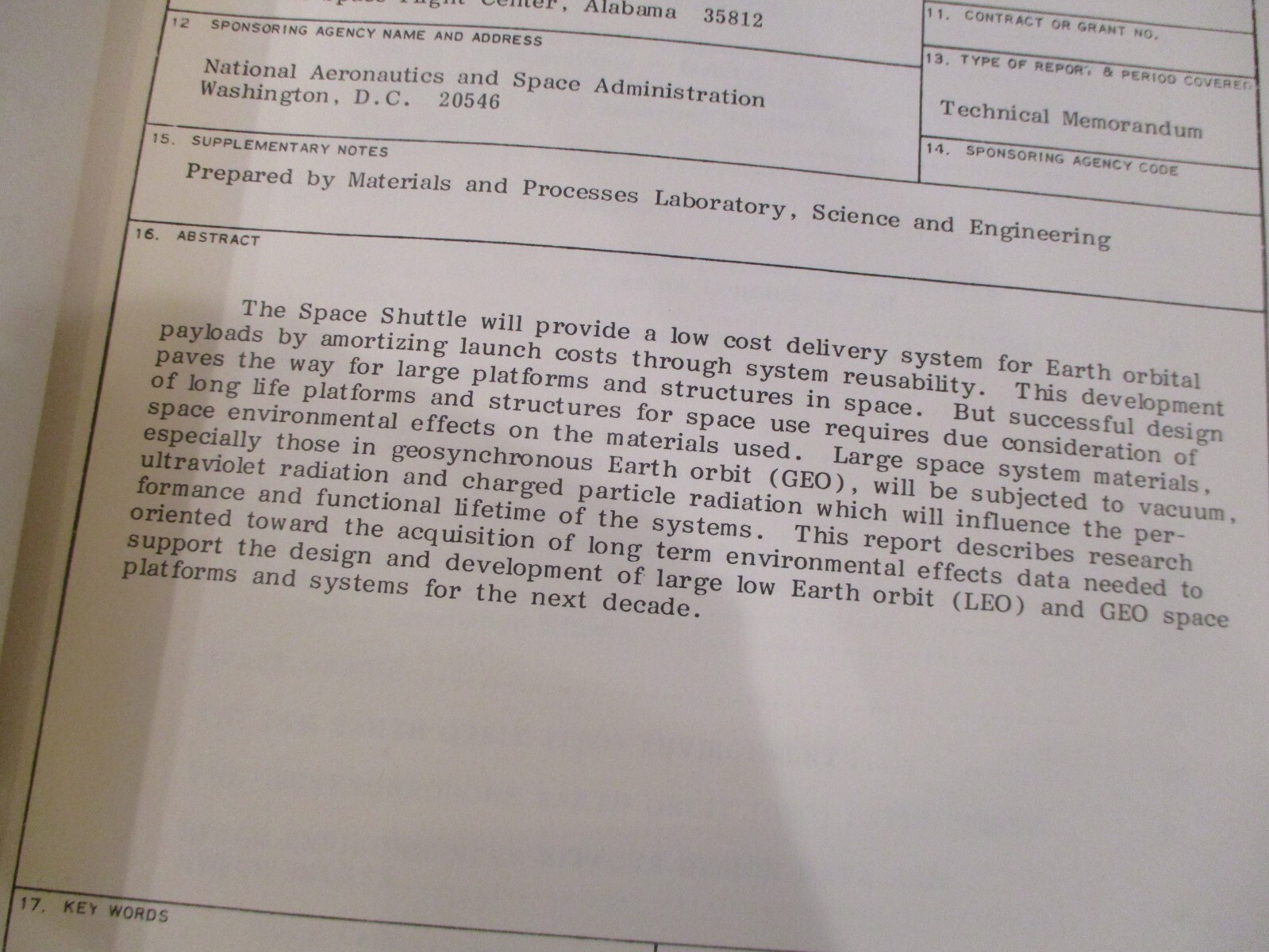 NASA MSFC SPACE SHUTTLE EXTRATERRESTRIAL/SRB/COATING/ENVIRONMENT MATERIALS MEMOS