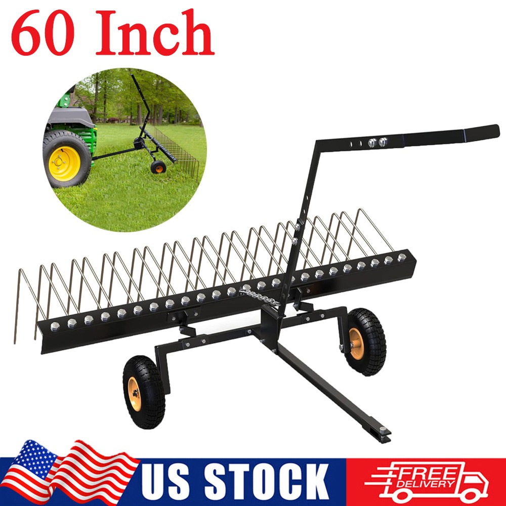 60" Tow Behind Dethatcher Lawn Landscape Rake 24 Tines for Tractor Riding Mower