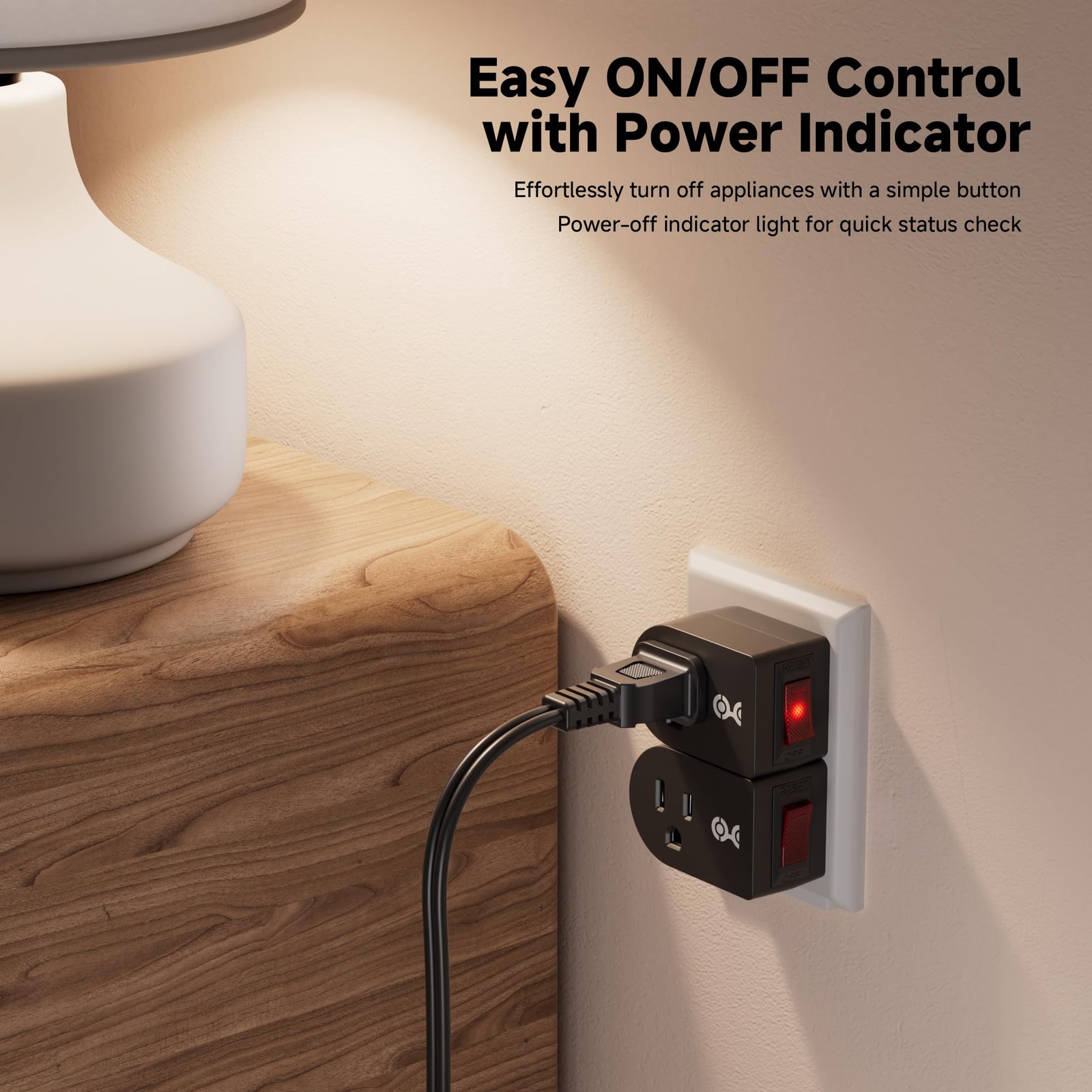 3-Pack Grounded Outlet Switch with On Off, Plug Switch On Off, Single , Black