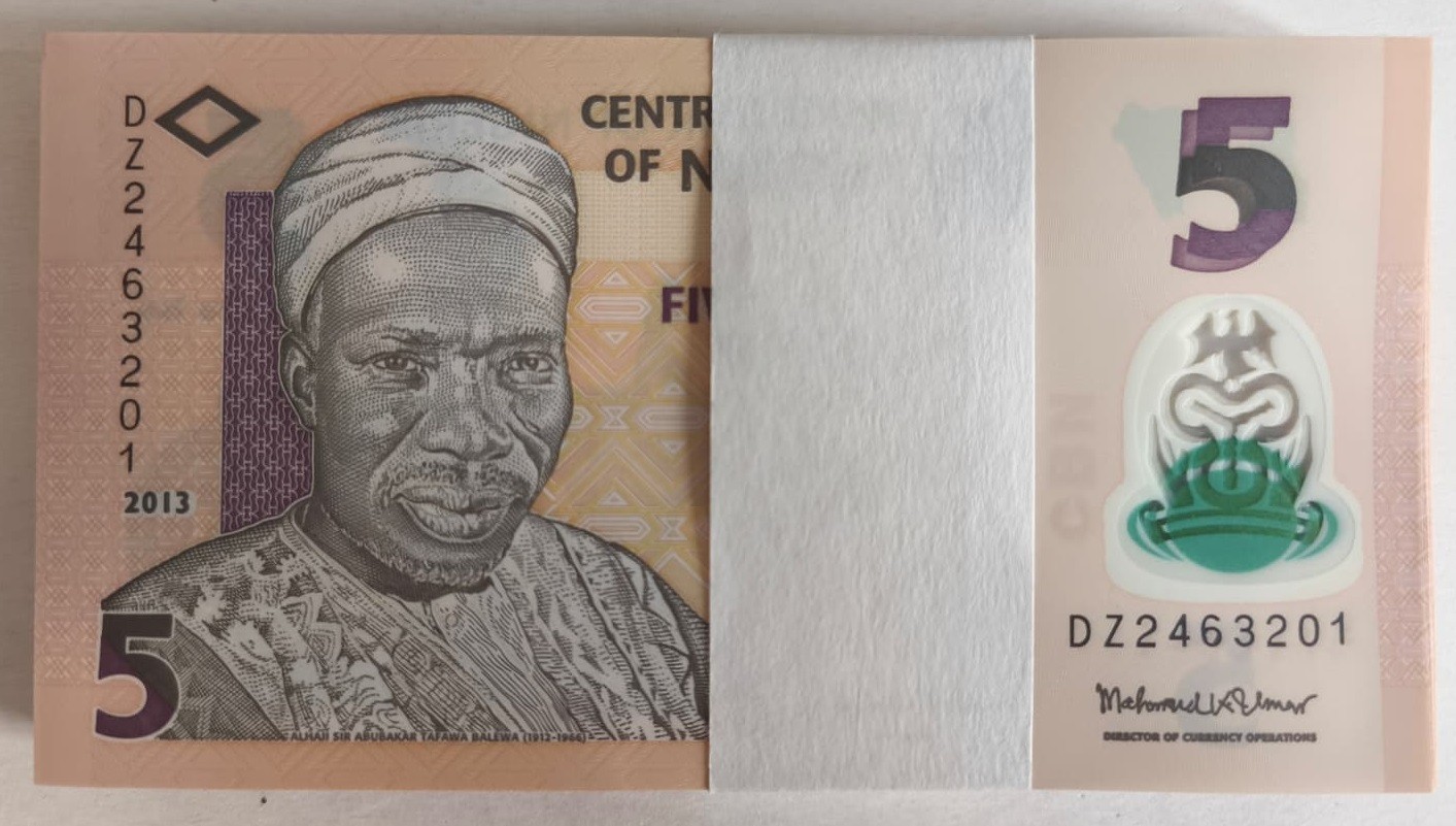 Nigeria 5 Naira 2013 P38 Prefix DZ Replacement UNC 100 Pcs Bundle