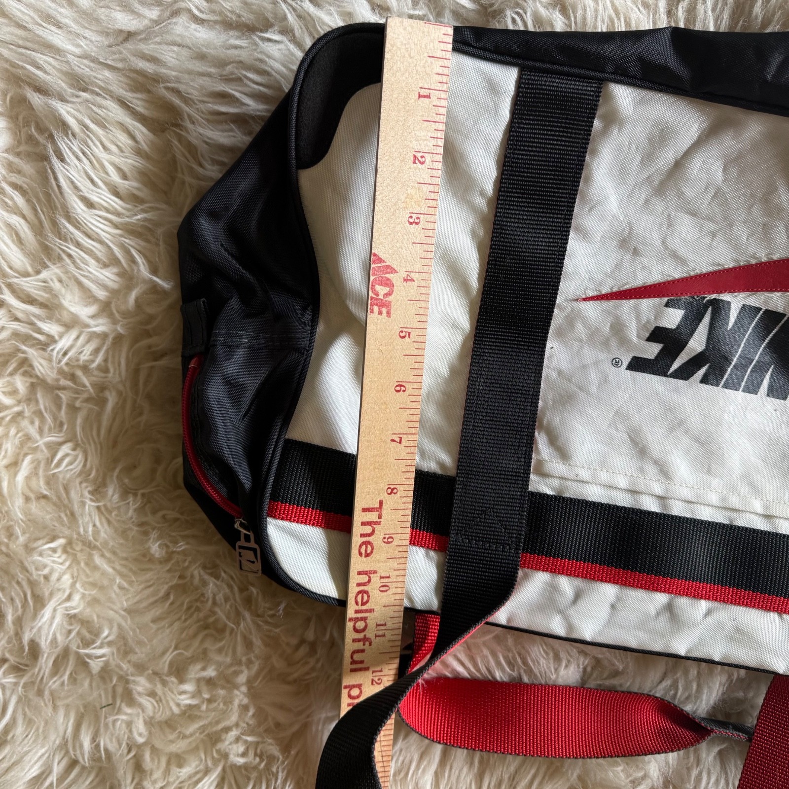Vintage 80s 90s Nike Nylon Tote Duffle Bag White with Red Swoosh Black Handles