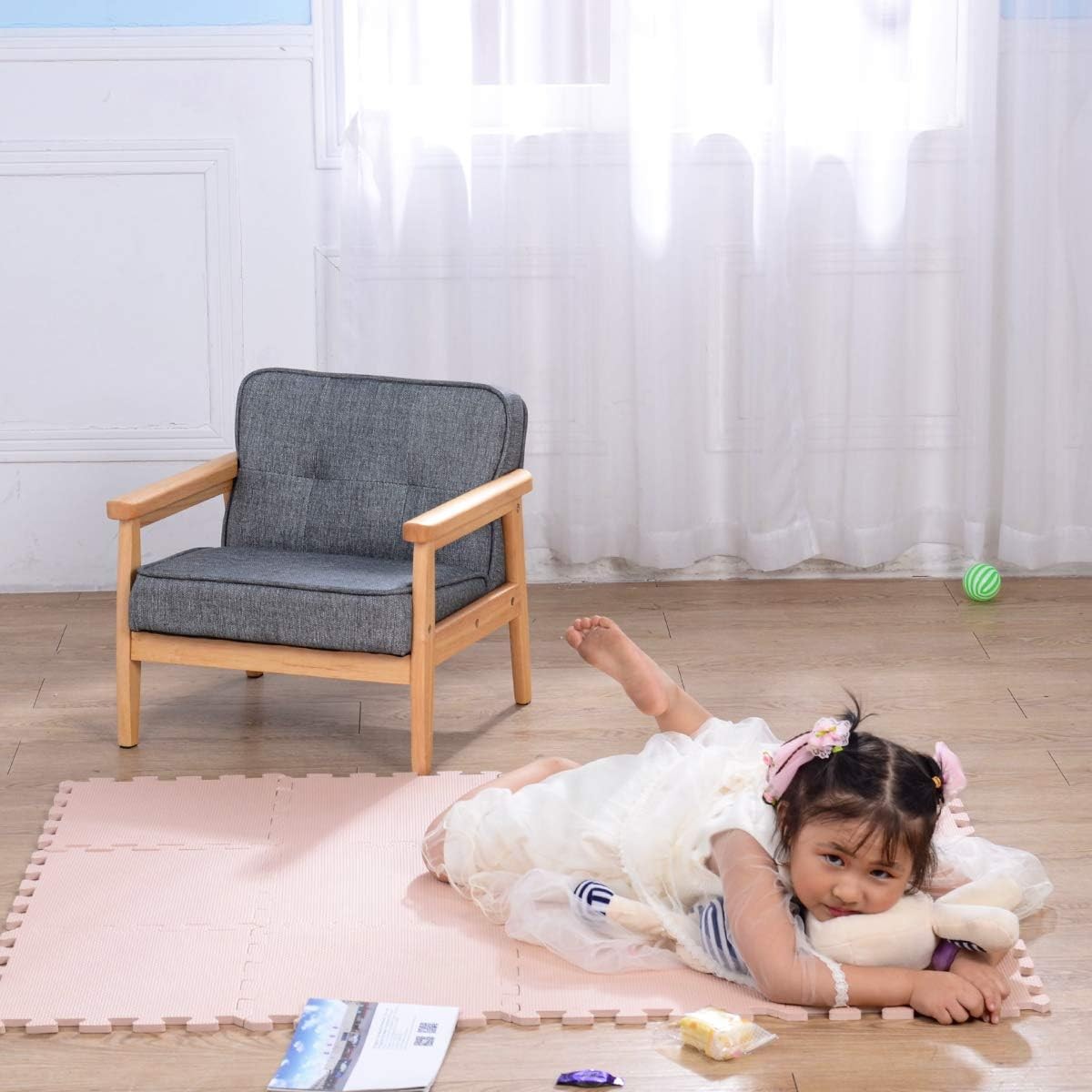 Toddler Chair,Single Kid Sofa Chair with Solid Wood Structure and Linen Fabri...