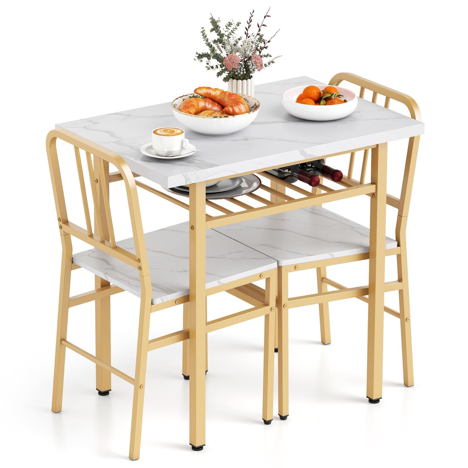 3-Piece Dining Table Set, Rectangular Kitchen Table with Storage Rack and 2 D...