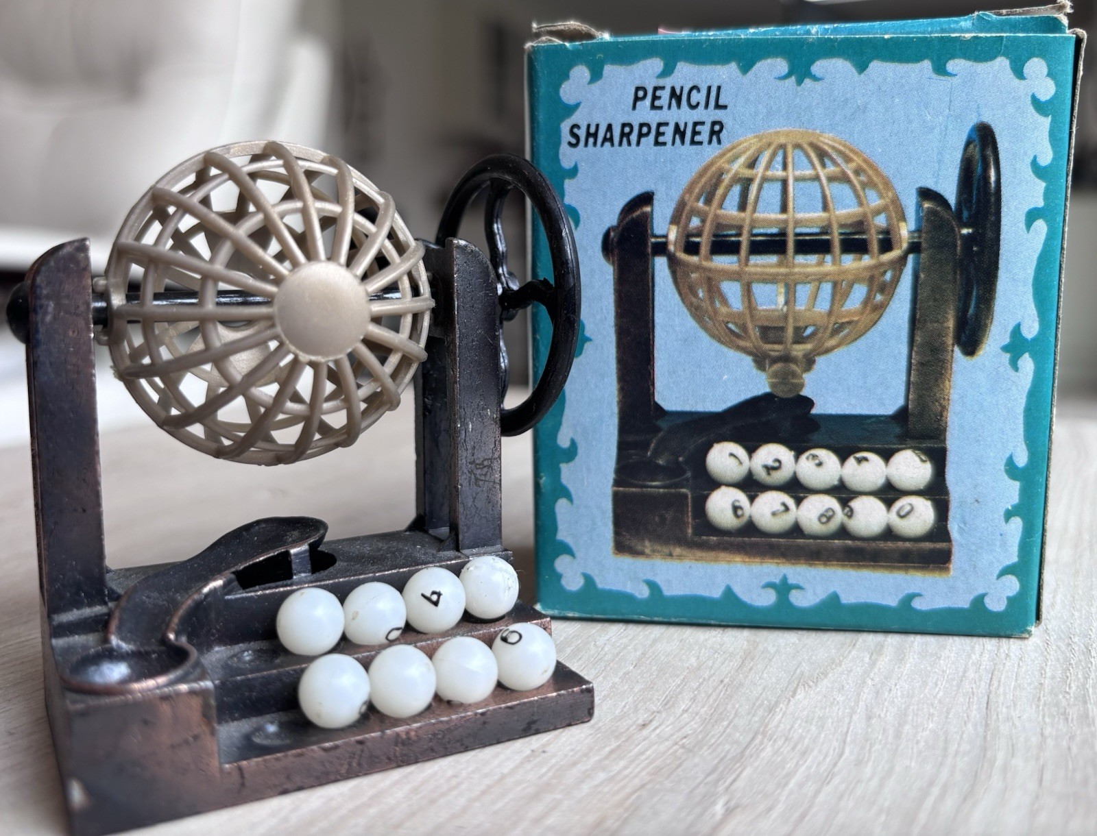 Vtg Bingo Cage Pencil Sharpener Die Cast Miniature No. 2683 w/ Box missing 2Ball