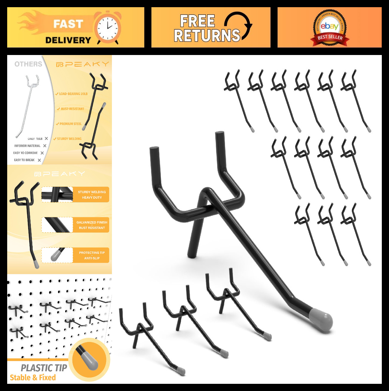 50PC Black Pegboard Hooks 2 Inch - Heavy Duty Tool Hangers for 1/8" & 1/4" Board