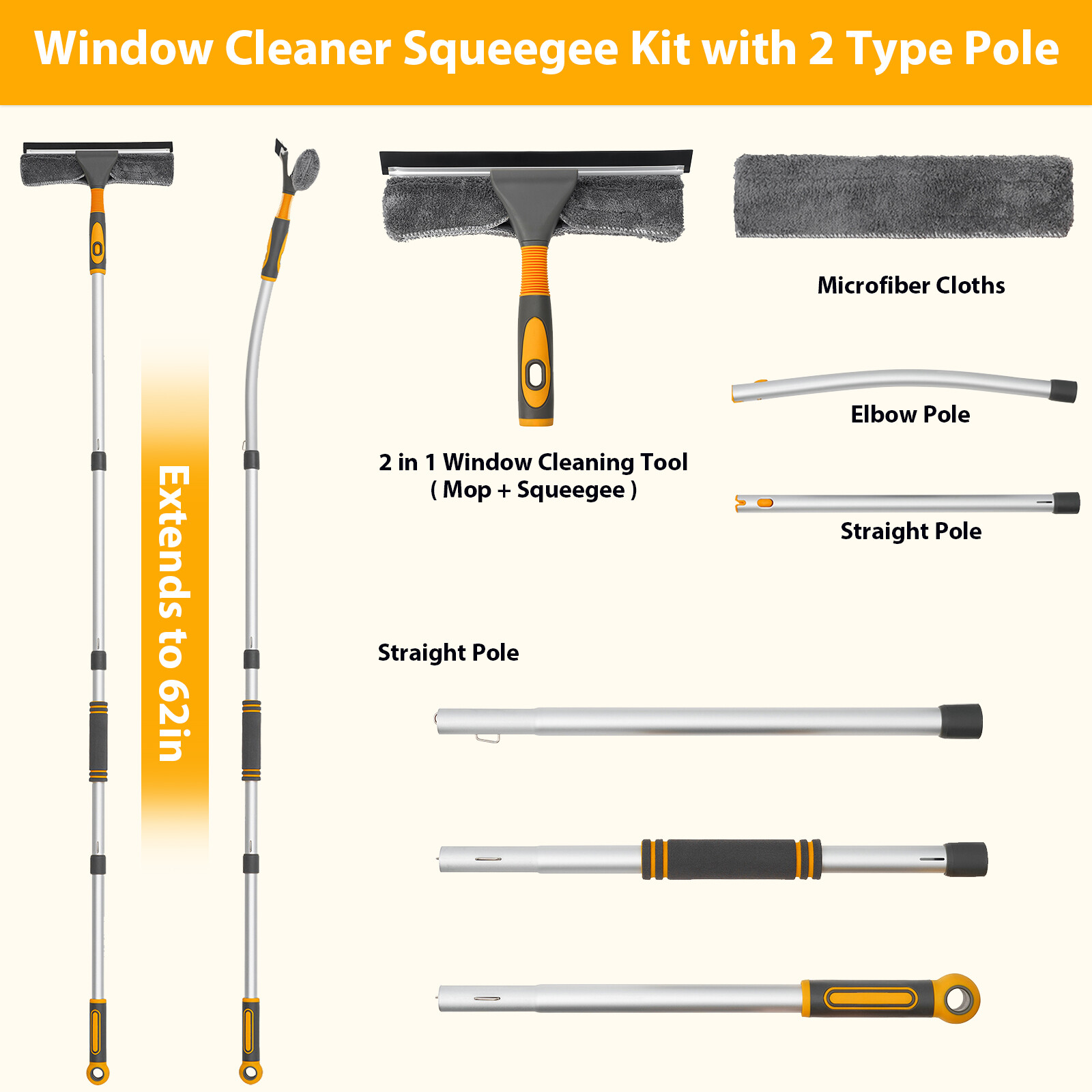 103'' Extendable Window Cleaner Telescopic Squeegee Long Handle Washer Scrubber