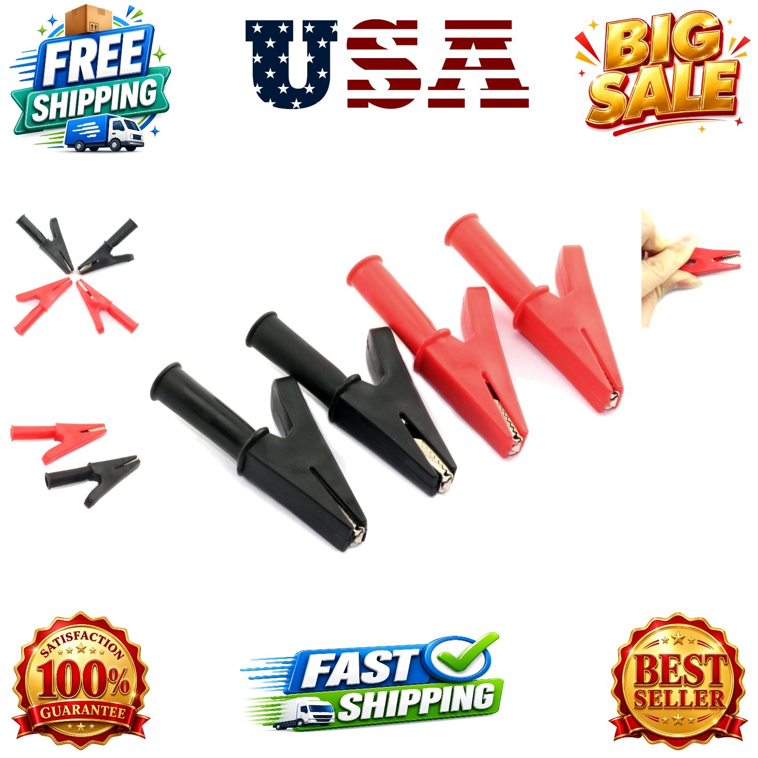 2Pairs Full Insulation Car Battery  Lead, 30A Protecting Alligator Clips Croc...