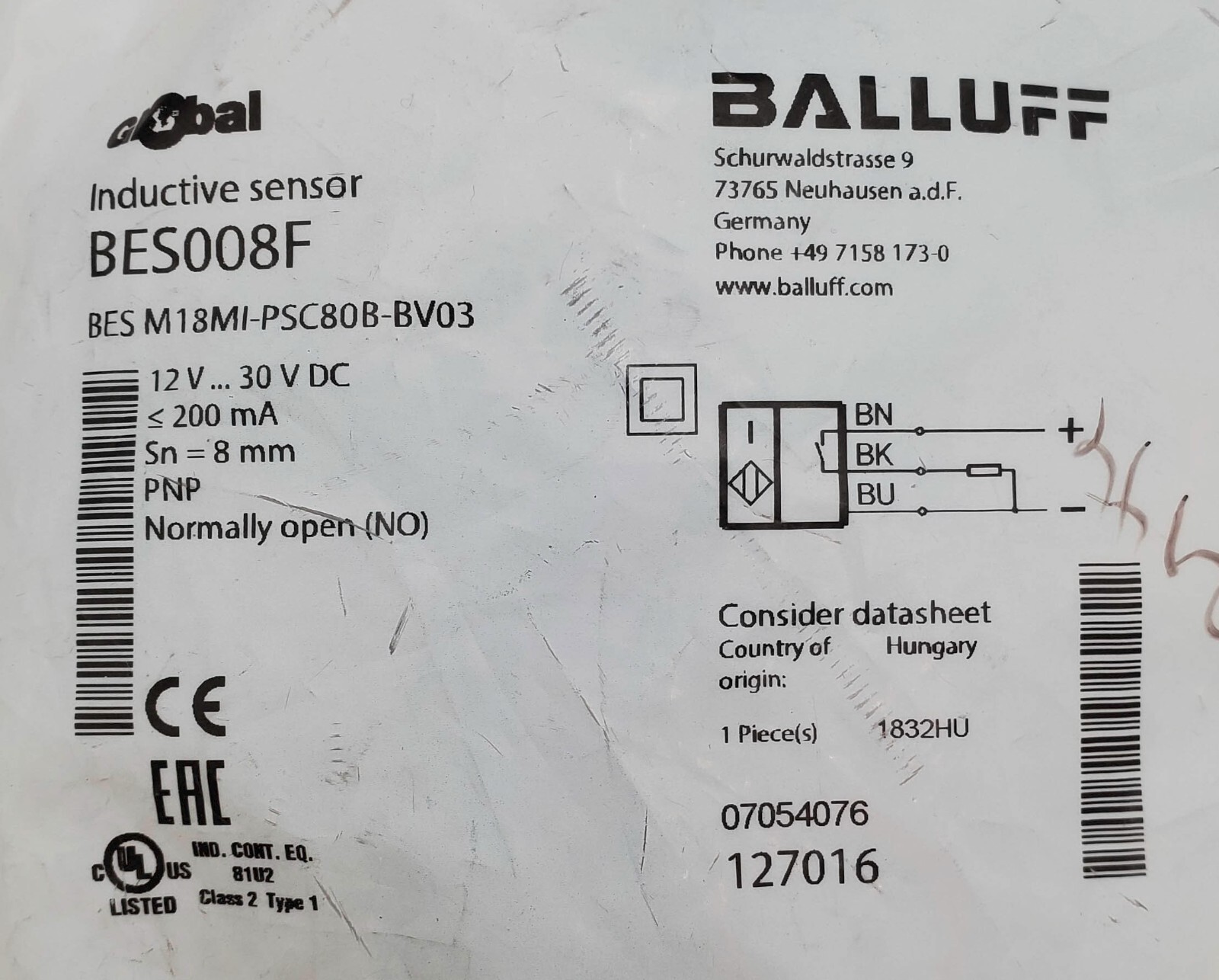 Balluff BES008F GLOBAL Inductive Sensor 12-30VDC 200mA 8MM
