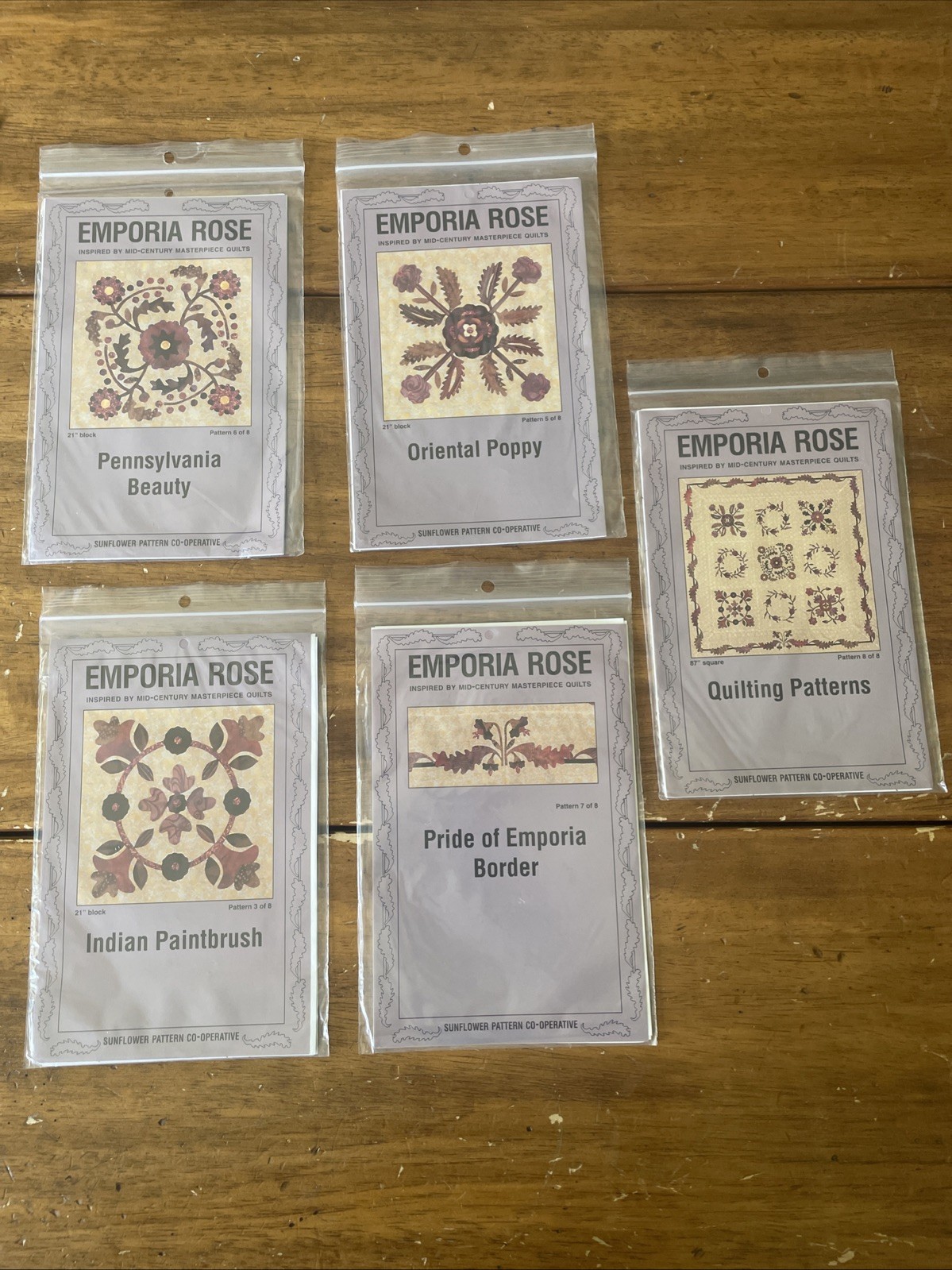 New EMPORIA ROSE quilt 5 pattern set Uncut MCM 21” Block Floral Quilting Sew