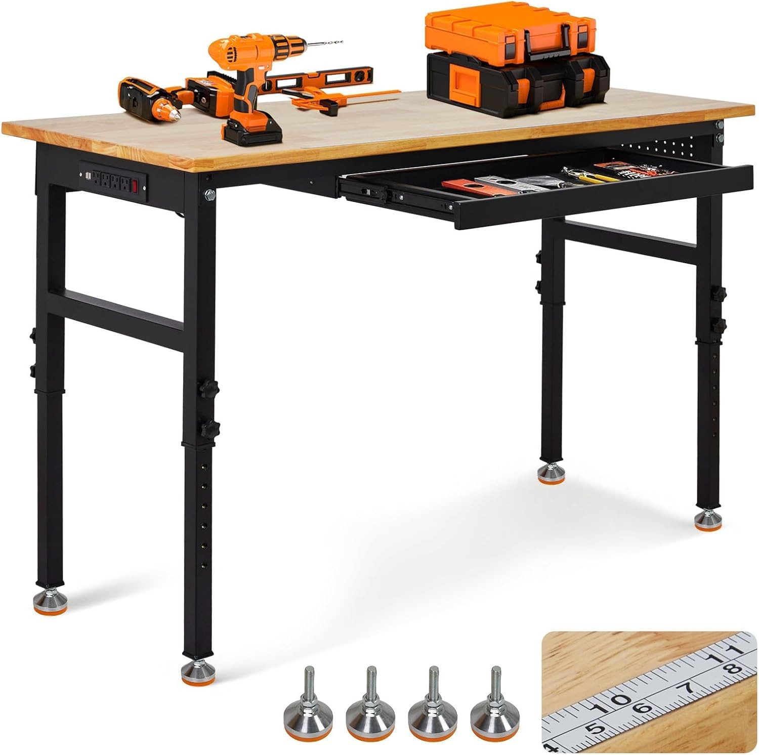 Adjustable Height Workbench 60"x24" Work Bench Table with Power Outlet & Drawers