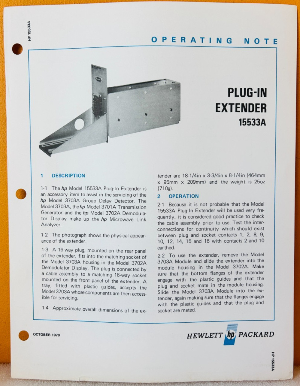 HP 15533-95000 Model 15533A Plug-In Extender Operating Note Manual.