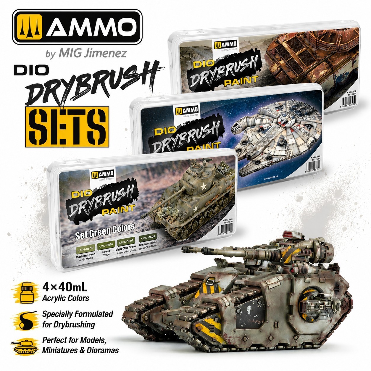 AMMO by Mig: DIO Acrylic Drybrush Sets - 4×40ml Dry Brush Set