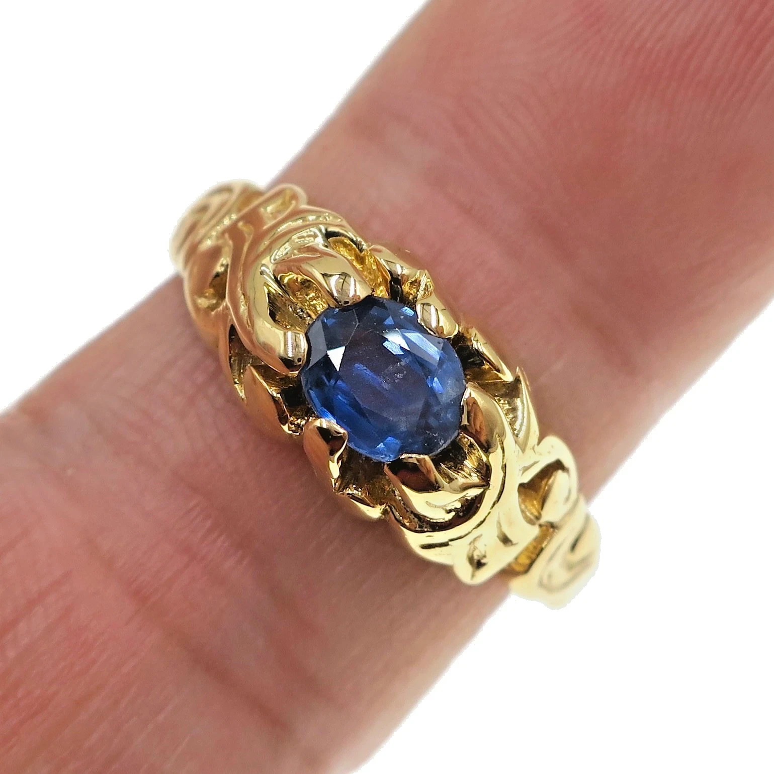 Vintage 14k Solid Yellow Gold Natural Blue Sapphire Gypsy Mount Ring Sz 9