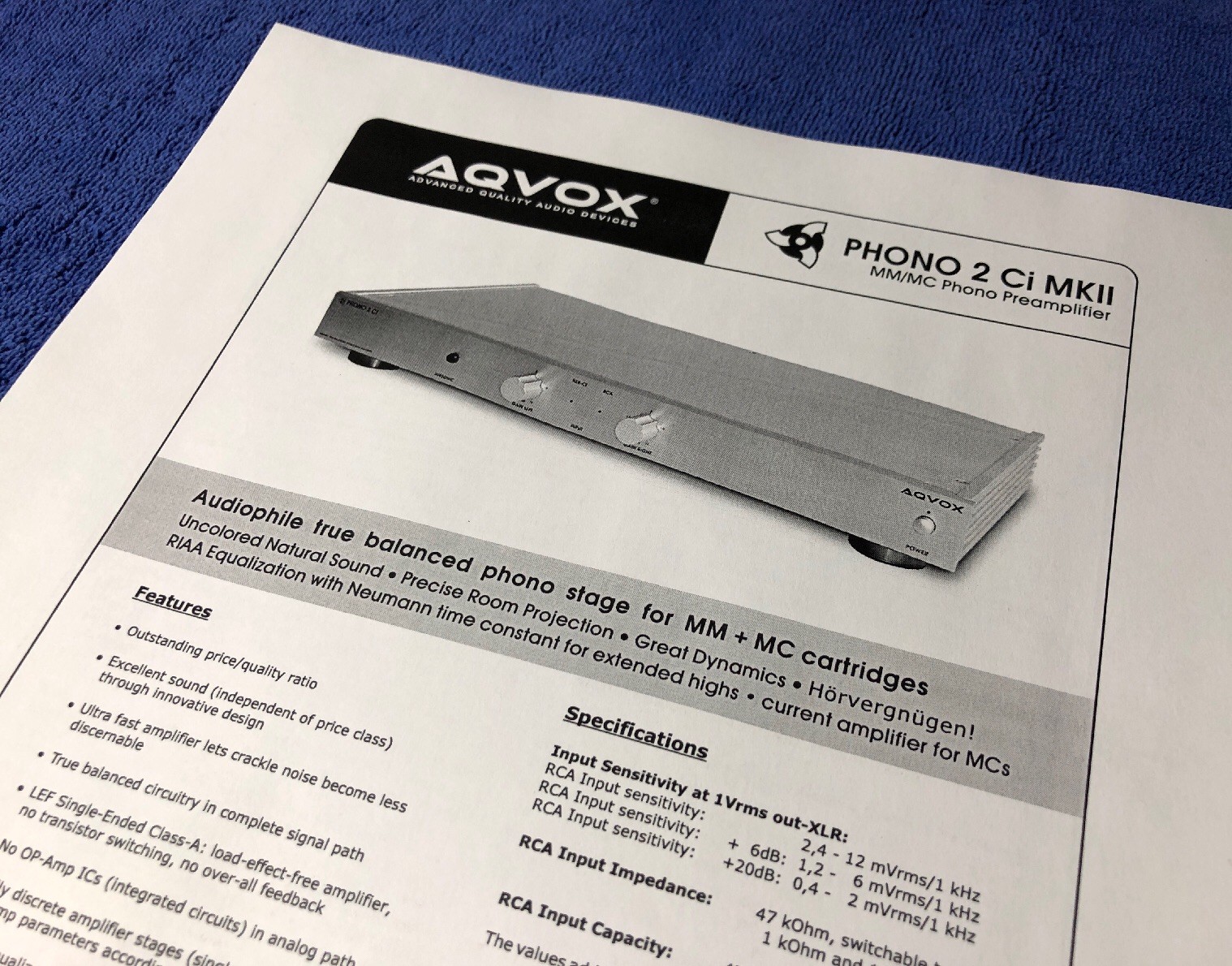 AQVOX PHONO 2 Ci MKII PREAMPLIFIER SPEC/INFO SHEET COPY M283x