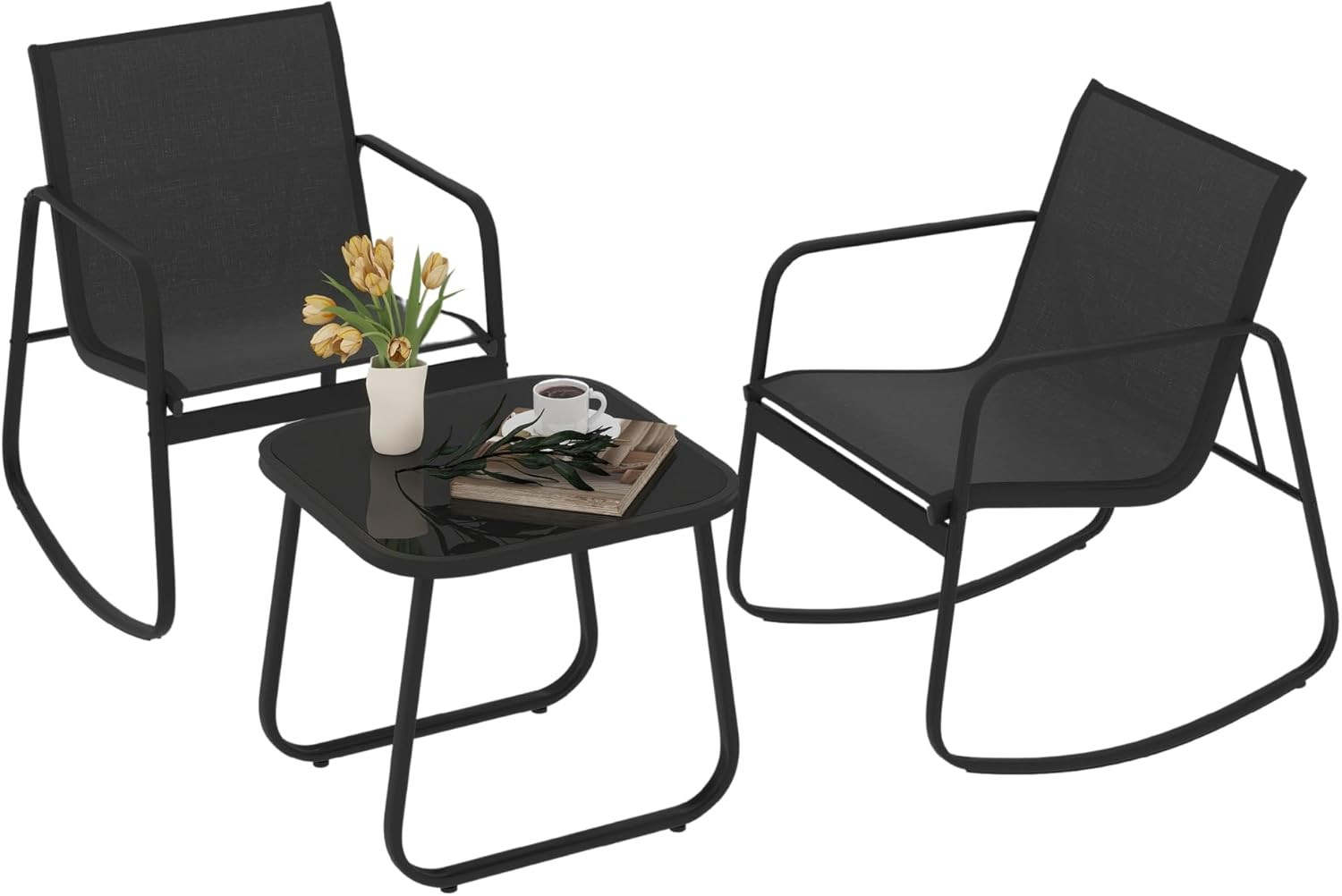Black 3-Piece Patio Bistro Set, Outdoor Textilene Furniture with 2 Rocking Chair