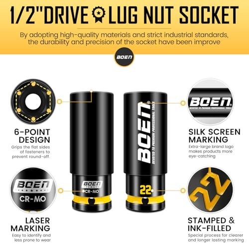 22mm 1/2" Drive Wheel Protector Impact Socket, Non-Marring Thin Wall 22MM
