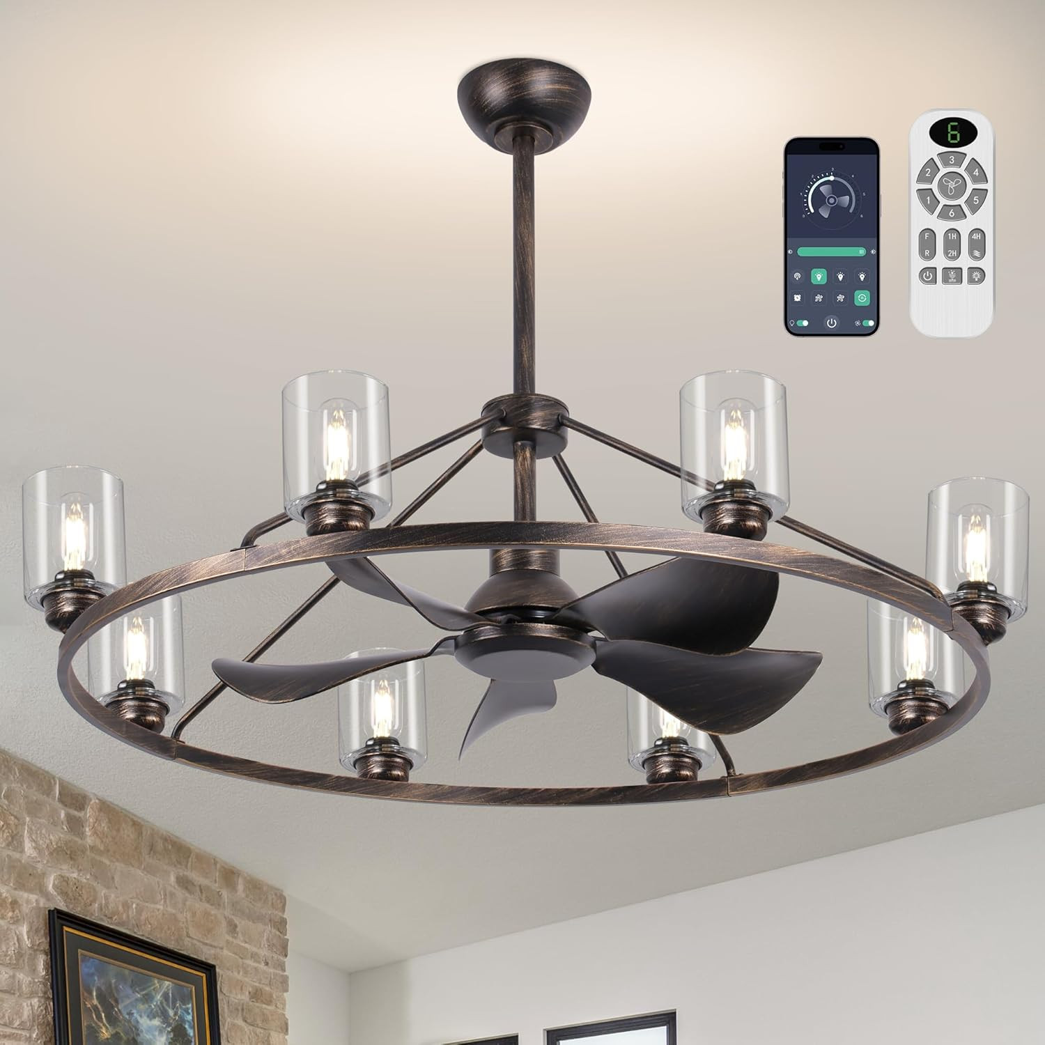 44" Large Ceiling Fans with Lights Wagon Wheel Chandelier Classical Black | Farm