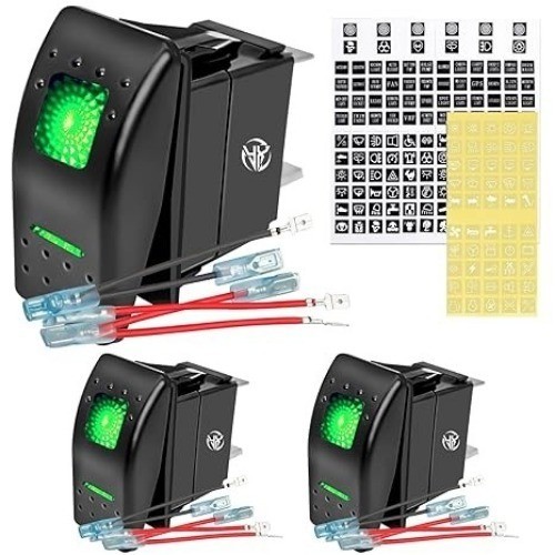 3-Pack Toggle Switch Panel with Night Glow DIY Stickers, 5 Pin On Off 12V/Green