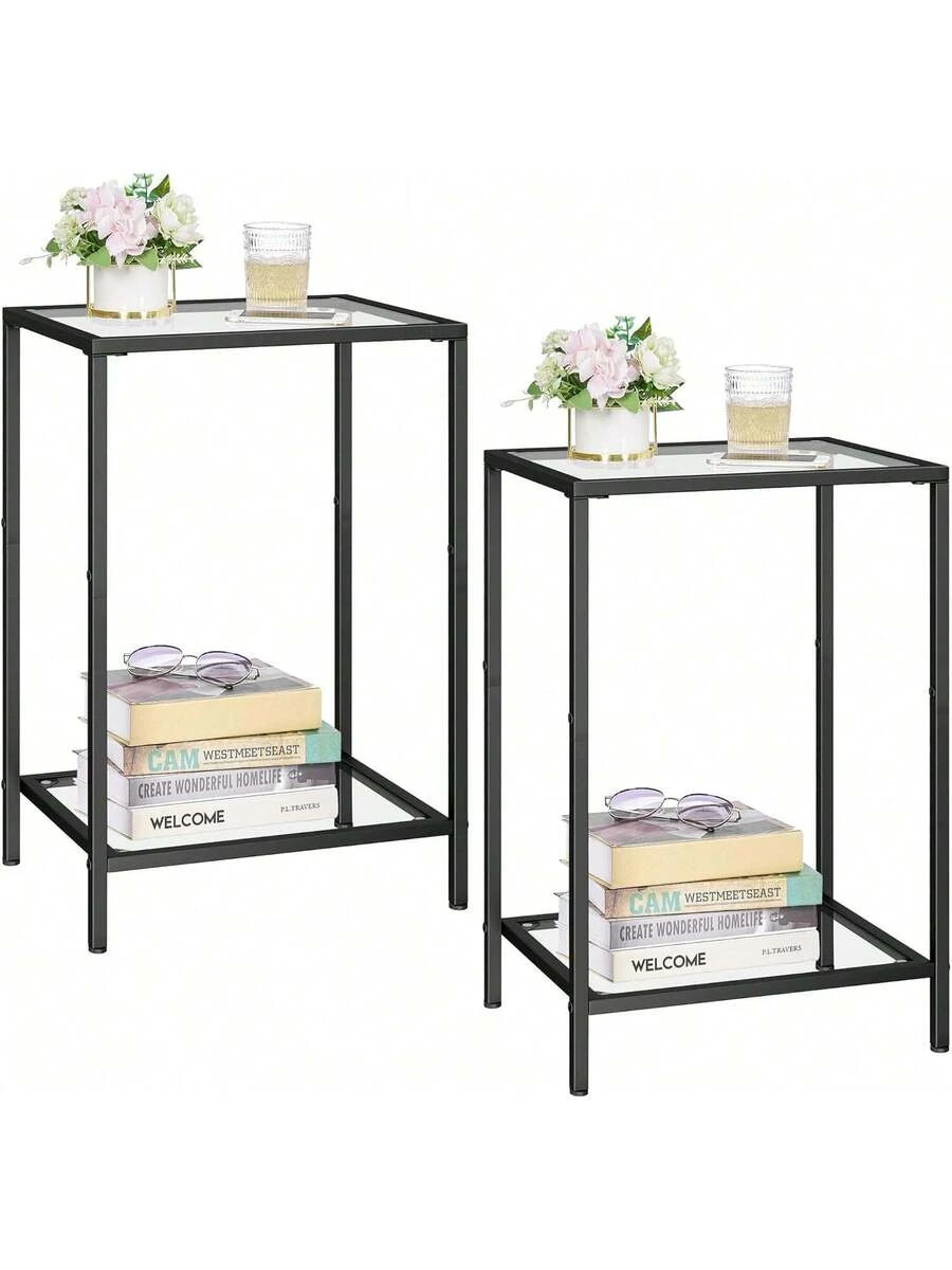 Side Tables Set of 2 End Tables Tempered Glass 2-Tier Storage