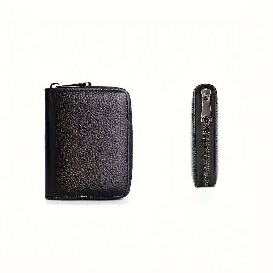 Compact Genuine Leather Zipper Wallet – RFID Blocking Secure Card Organizer
