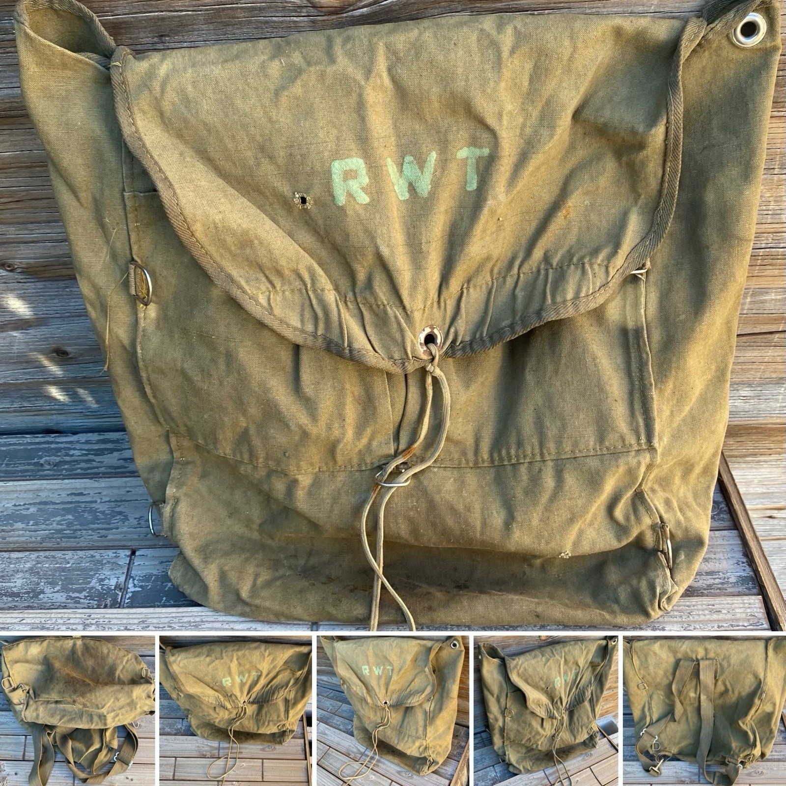 Vintage Military Style Olive Drab Canvas Rucksack Backpack – Stenciled RWT Worn
