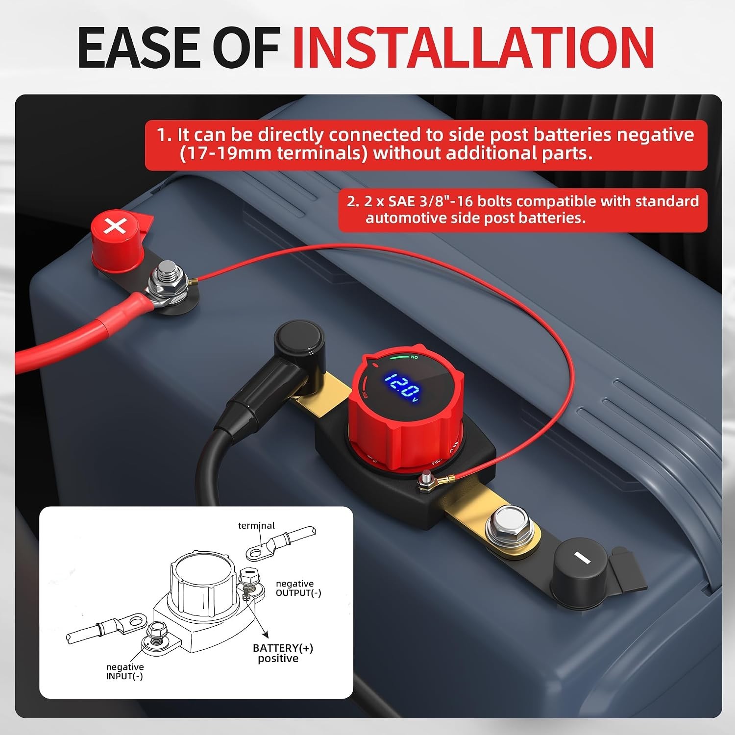 Side Post Battery Disconnect Switch 12V-48V with Led Voltmeter Display, DC 5-...