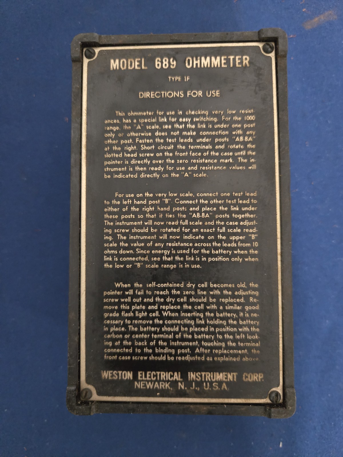 Weston Model 689 Type 1-F Ohms Ohmmeter without Case Untested