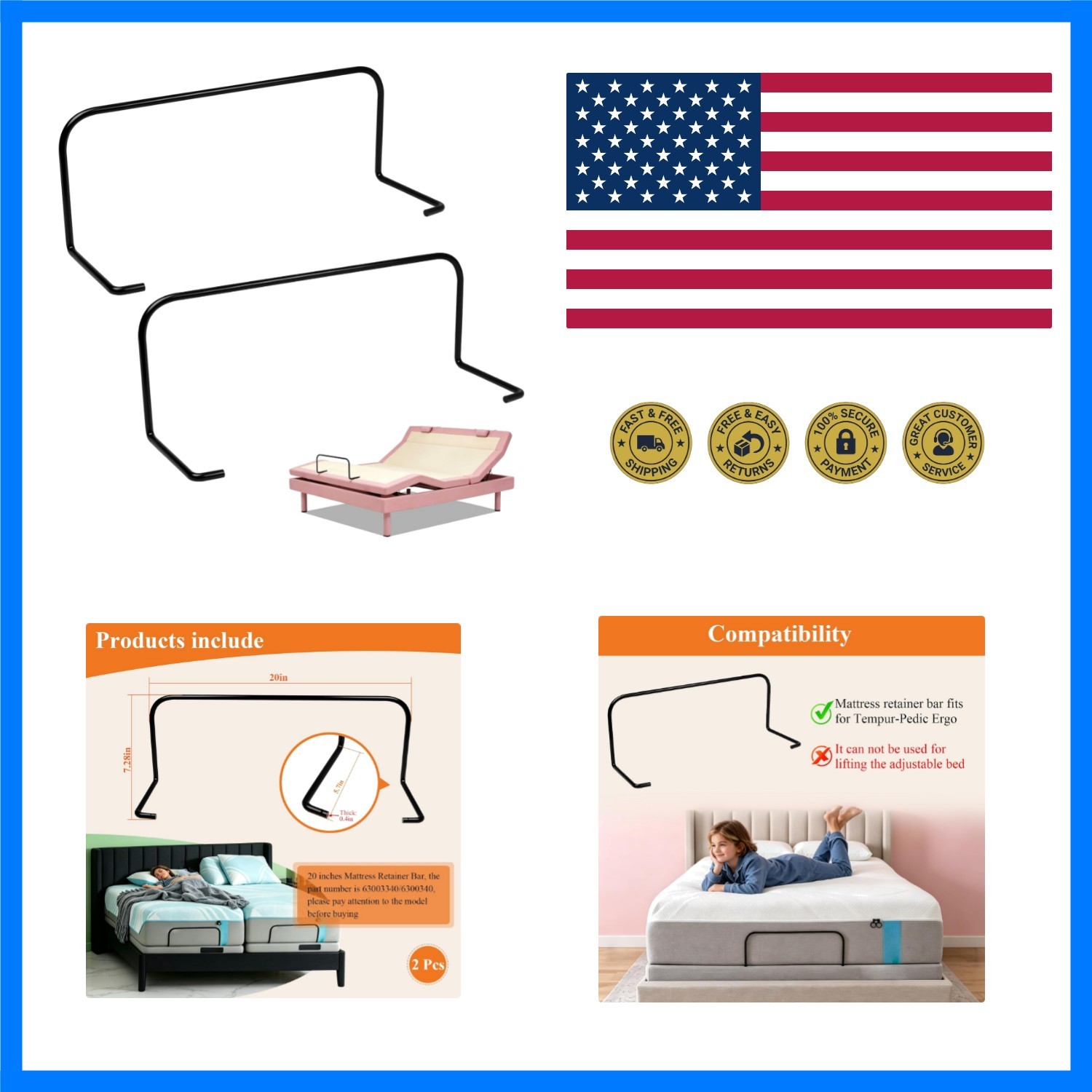 6300340/63003340 2Pcs 20" Mattress Retainer Bar Model for Tempur-Pedic Ergo |...