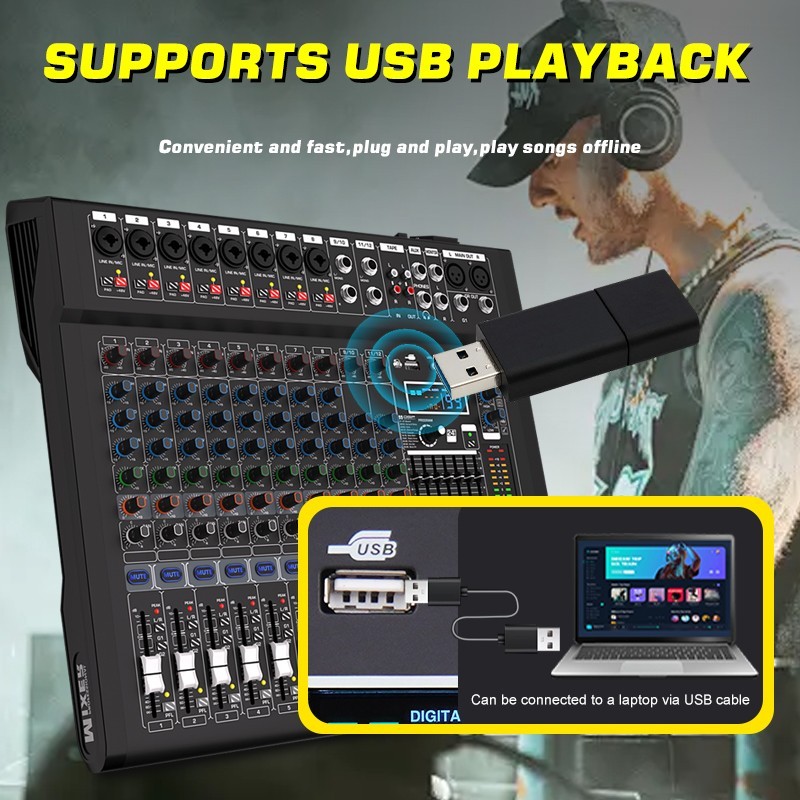 12-channel professional mixer with 99 DSP effects and Bluetooth/USB connectivity