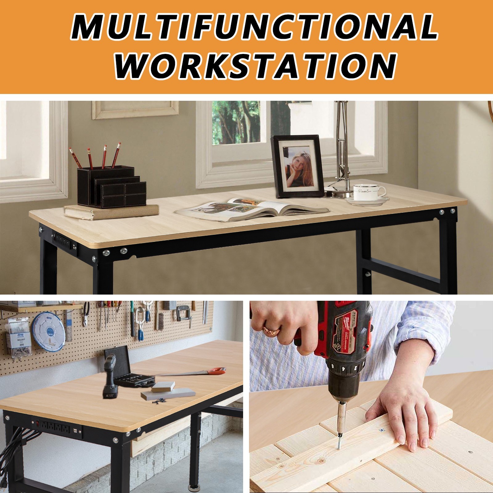 48''/60'' Adjustable Heigh Work bench with Power Outlet Hardwood Work Table
