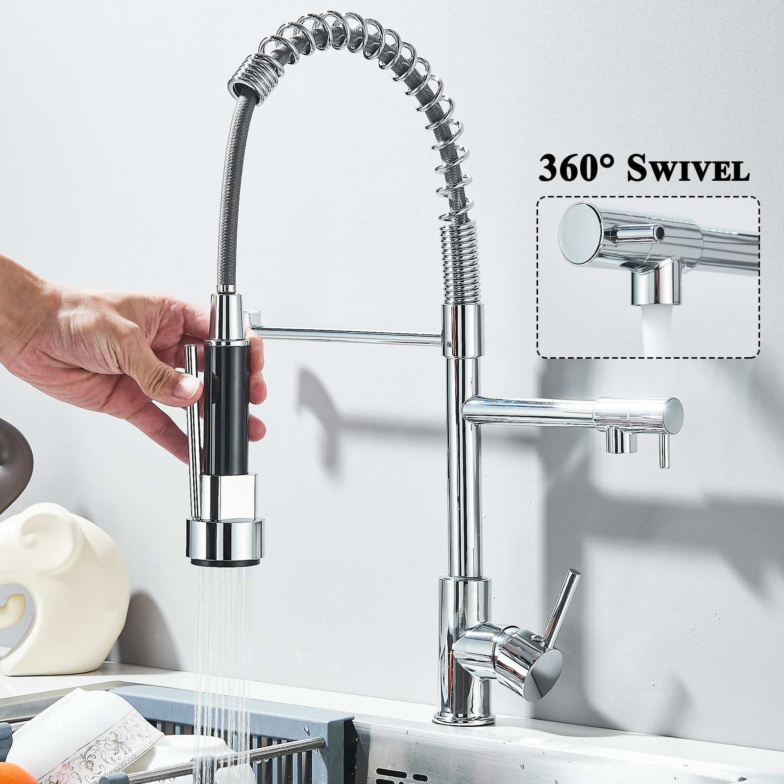 Chrome Kitchen Faucet Single Handle Sink Pull Down Sprayer Swivel Sink Mixer Tap