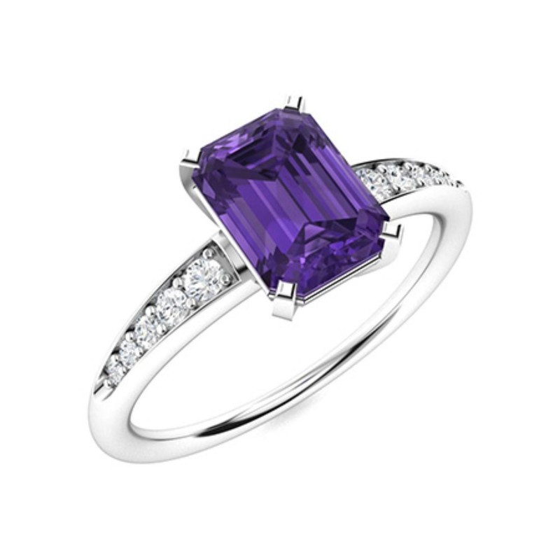Sterling Silver Emerald Cut Amethyst Gemstone Solitaire with Accents Ring