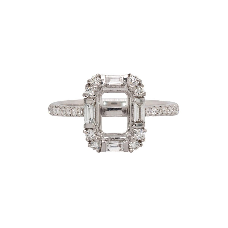 8x6mm Emerald Cut Semi Mount Ring 925 Sterling Silver Baguette Round Halo Ring