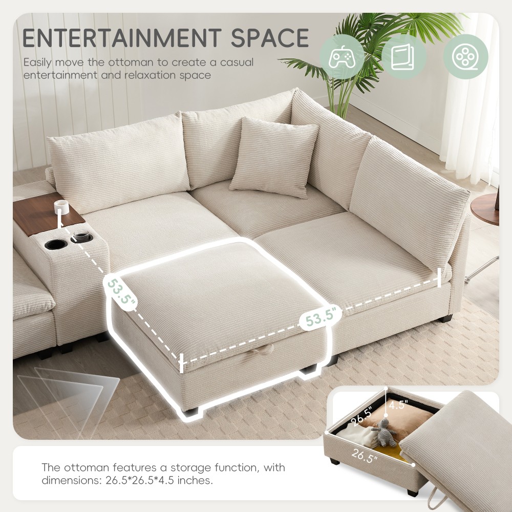 139'' U-shaped Modular Sectional Sofa with Console, L-Shaped Corduroy Couch